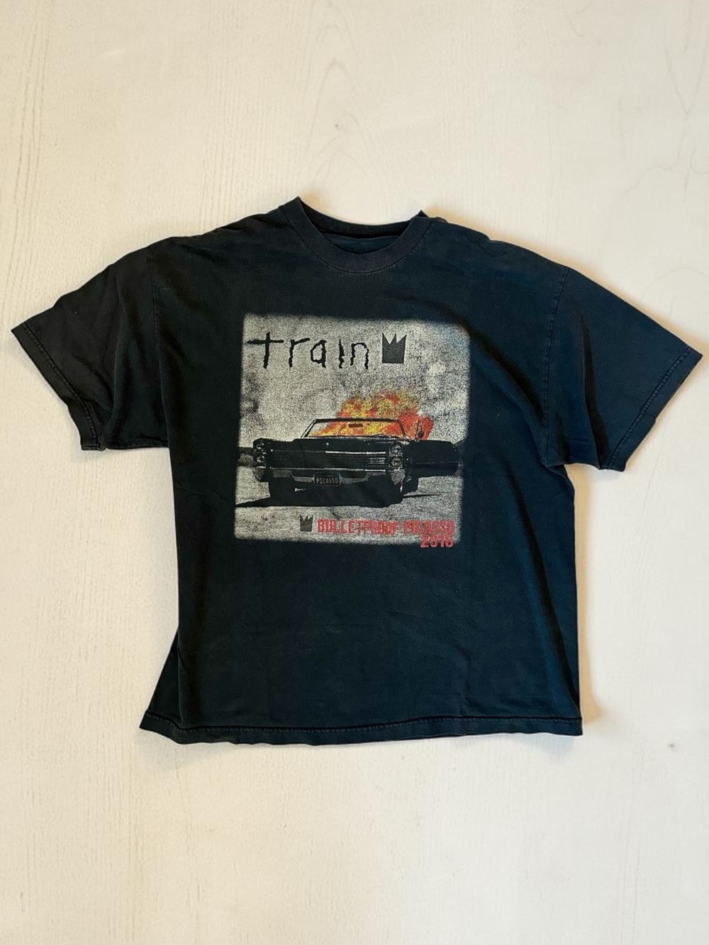 Black Graphic Train Band Tee with Vintage Car Print